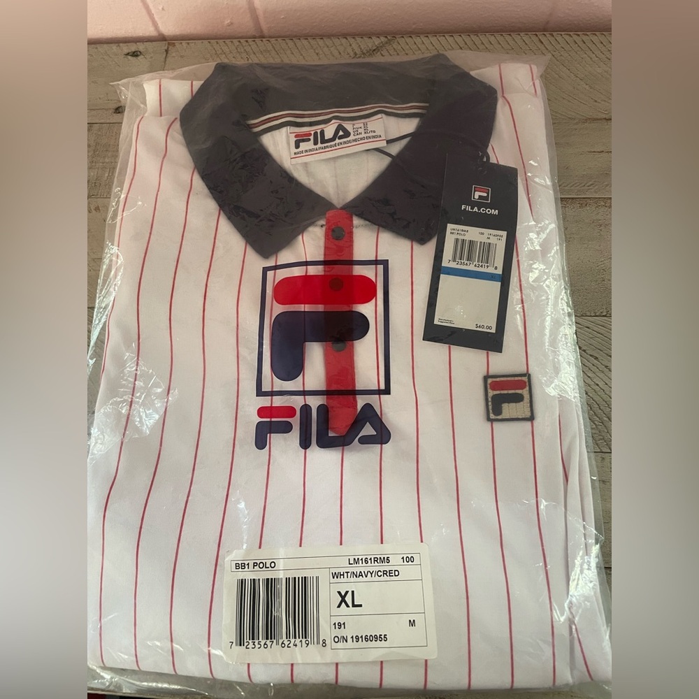 Fila Men's White Polo Shirt with Red and Navy Accents